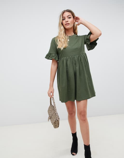 Asos design cotton slubby 2025 frill sleeve smock dress