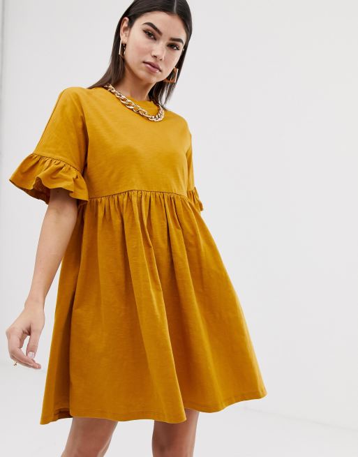 Asos design cotton slubby 2025 frill sleeve smock dress