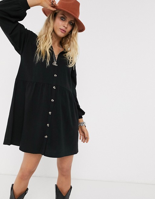 ASOS DESIGN cotton slubby oversized shirt smock dress with horn buttons in black