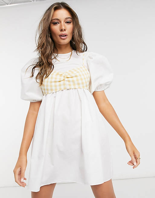 Women cotton smock mini dress with yellow gingham crop top 
