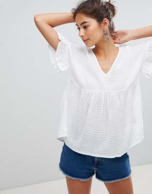 ASOS DESIGN Cotton Smock Top in Dobby Check-White