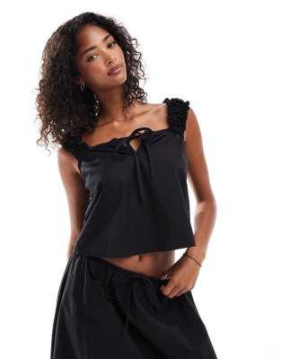 Asos Design Cotton Smock Top With Gathered Cap Sleeves In Black - Part Of A Set