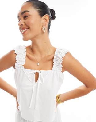 Asos Design Cotton Smock Top With Gathered Cap Sleeves In White - Part Of A Set