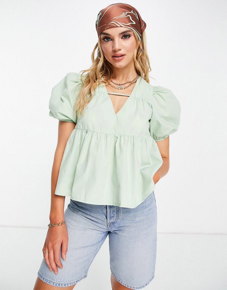 ASOS DESIGN cotton smock top with v neck in green