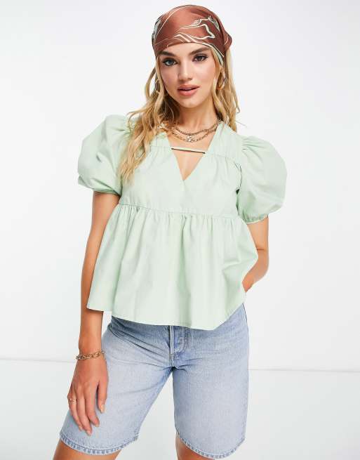 ASOS DESIGN cotton smock top with v neck in green | ASOS