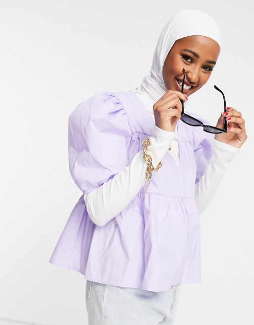 ASOS DESIGN cotton smock top with v neck in lilac