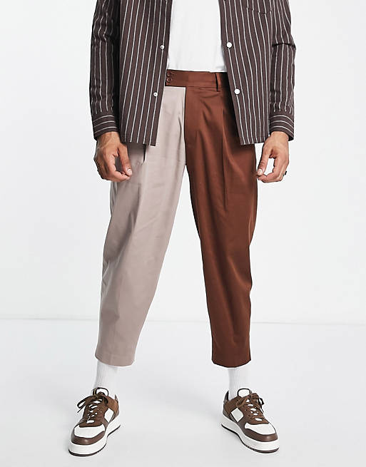 ASOS DESIGN cotton splice extreme balloon smart trousers in tonal brown ...