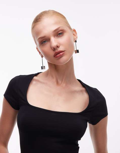 ASOS DESIGN cotton square neck cap sleeve top in black - view 1