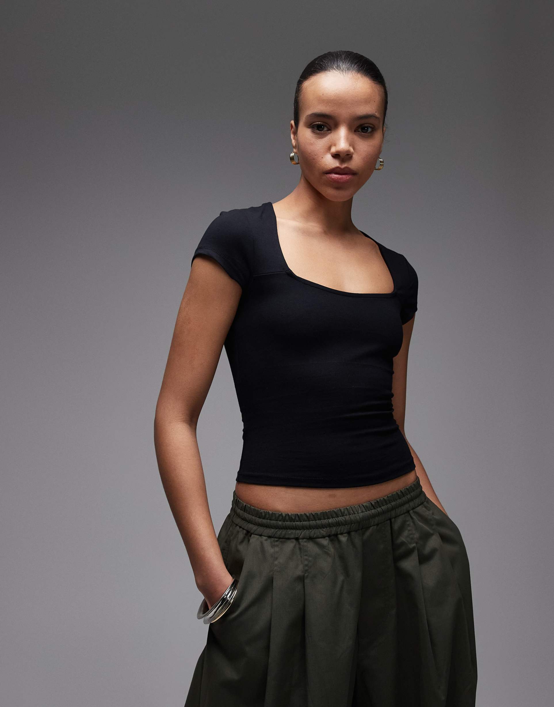 asos design cotton square neck cap sleeve top in black