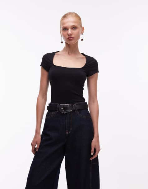 ASOS DESIGN cotton square neck cap sleeve top in black