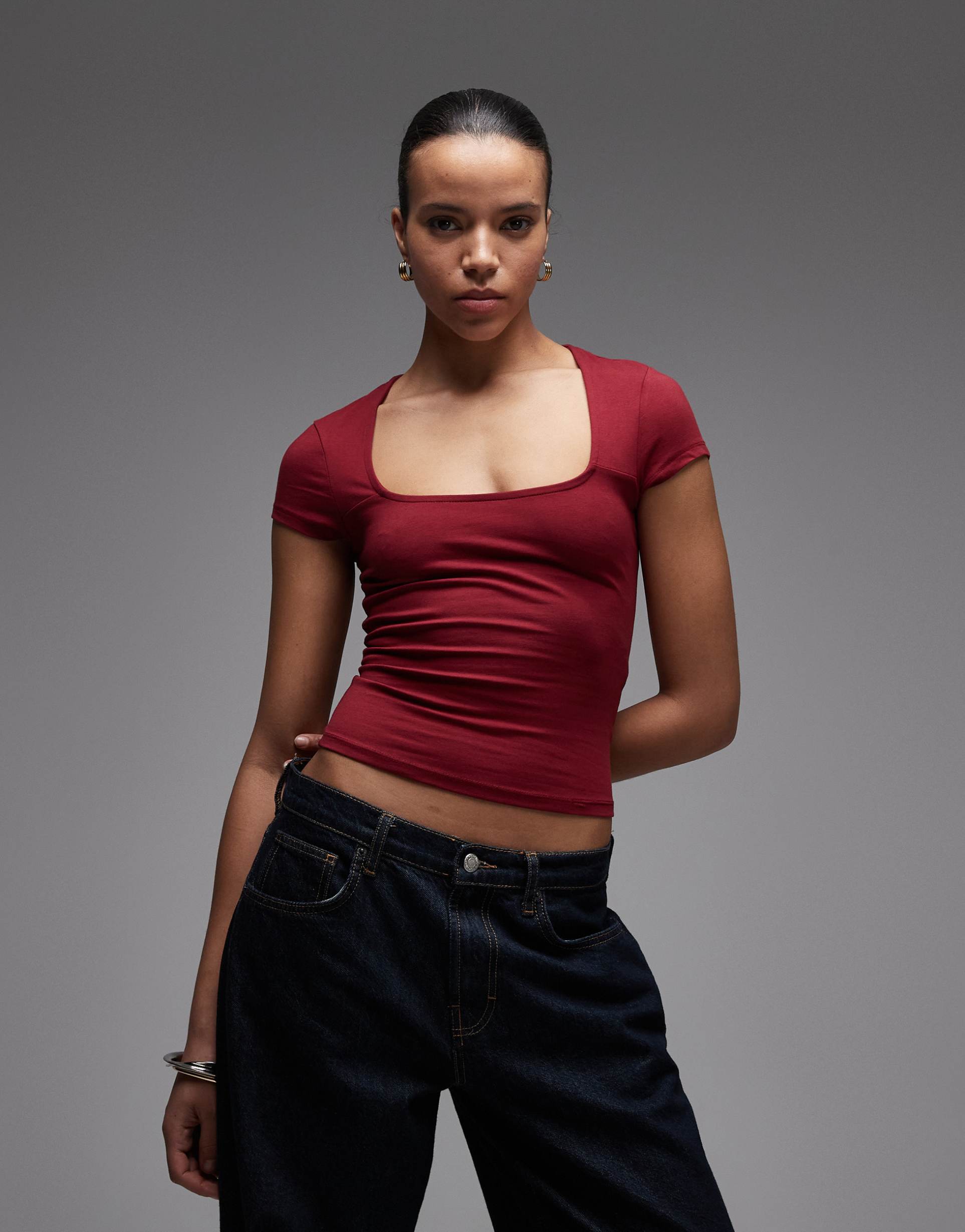 asos design cotton square neck cap sleeve top in burgundy