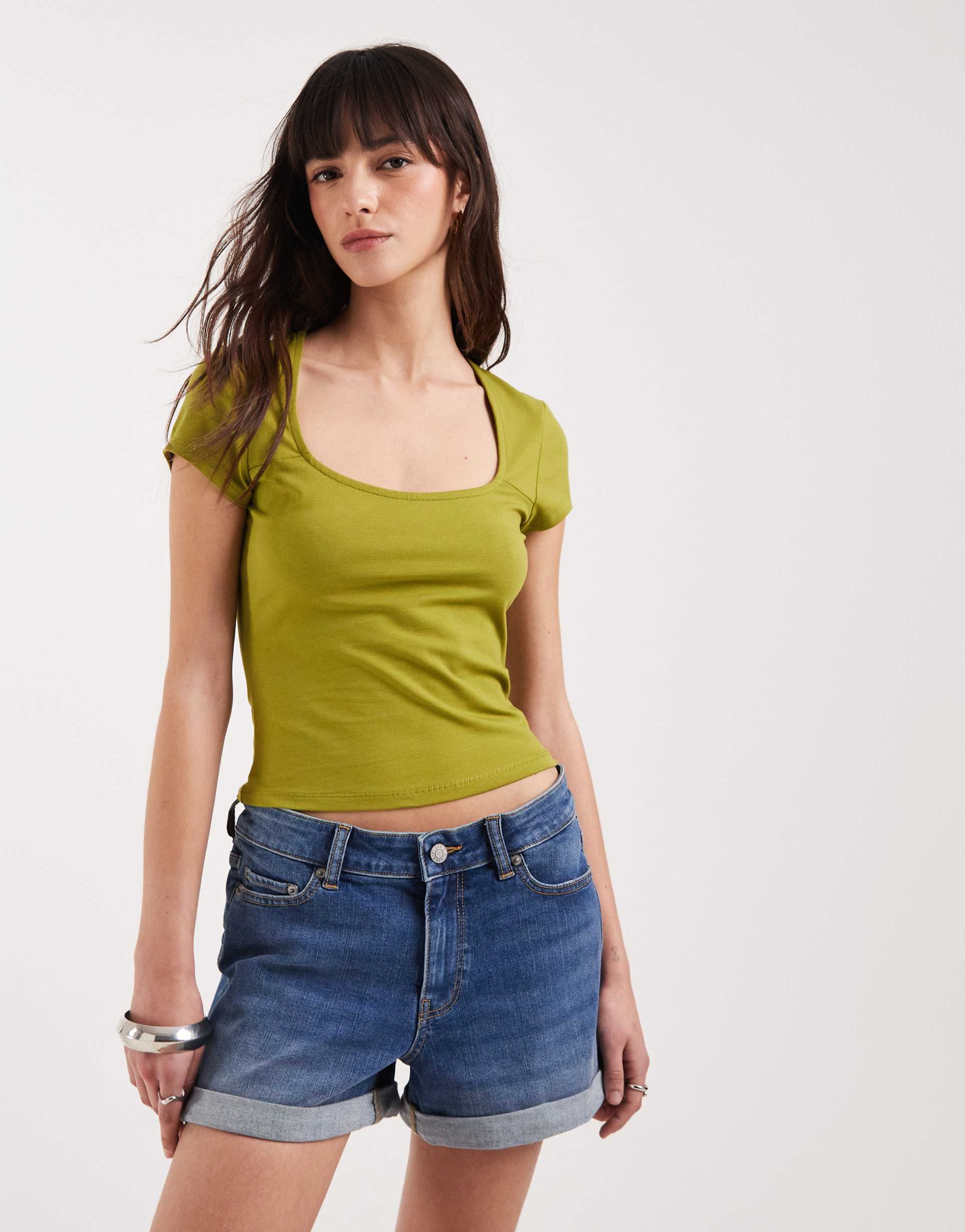 asos design cotton square neck cap sleeve top in green