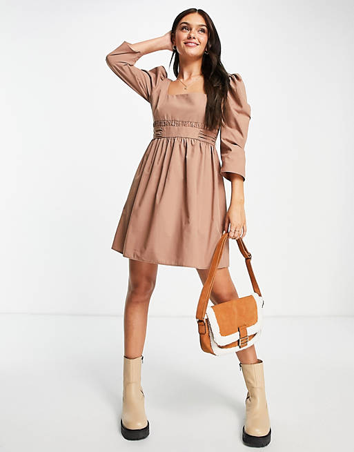 Dresses cotton square neck mini dress with gathered corset waist in mocha 