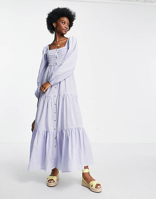 Dresses cotton square neck shirred bodice button through maxi dress in blue stripe print 