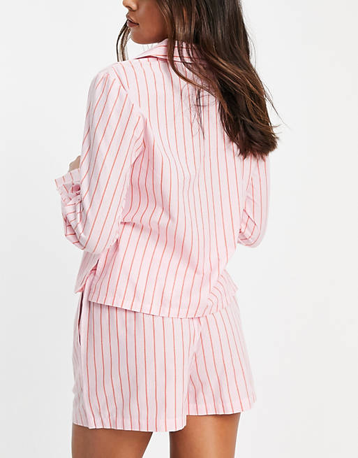 Lingerie & Nightwear cotton stripe long sleeve shirt & short pyjama set in pink & red 