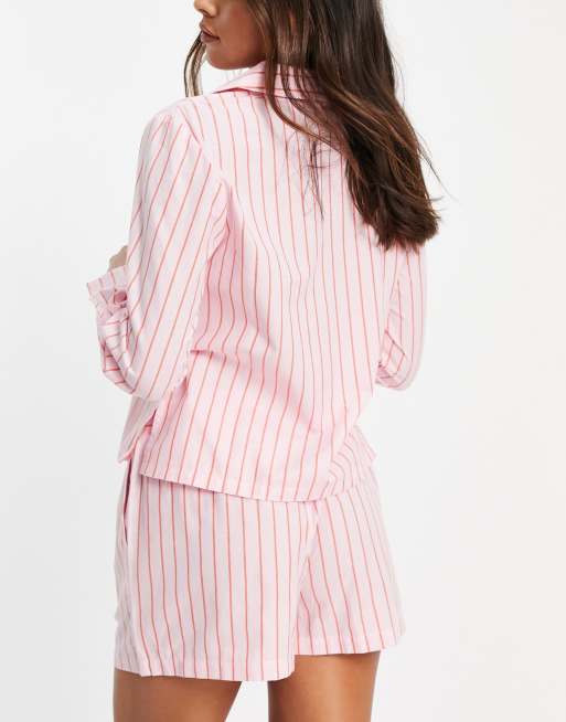 Striped Short Sleeve Crop Pant Pajama Set - Pink / Amber