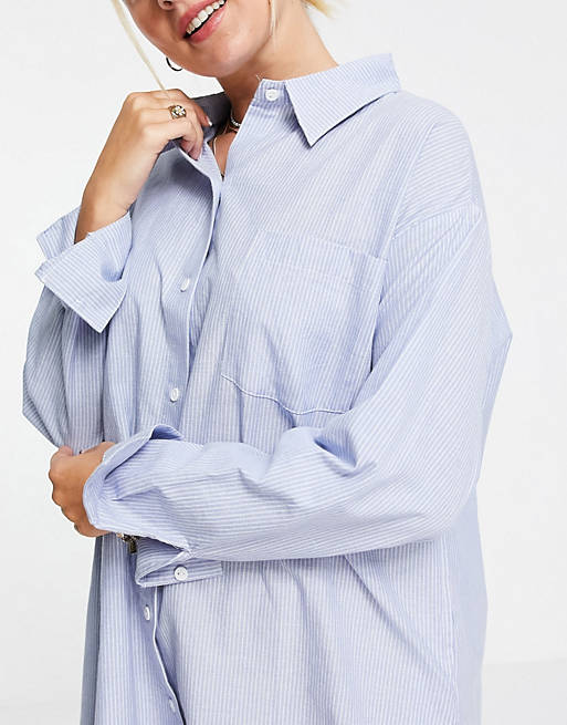 Women cotton stripe oversized sleep shirt in blue & white 