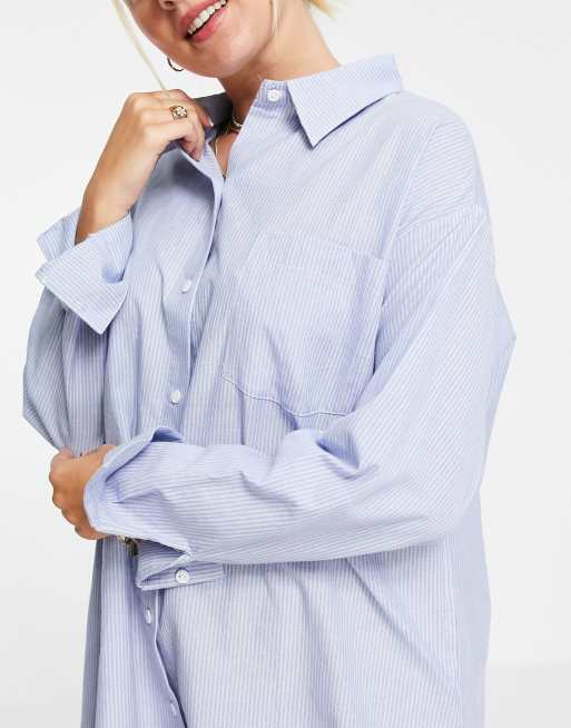 ASOS DESIGN cotton stripe oversized sleep shirt in blue & white