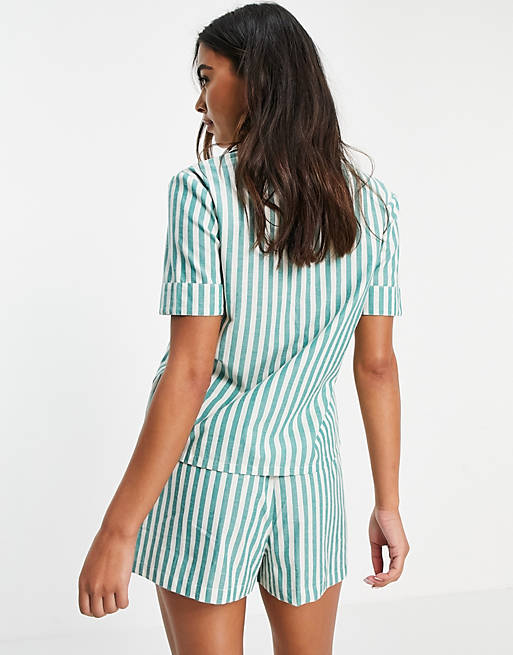 pinion ønske anspore ASOS DESIGN cotton stripe short sleeve shirt & short pyjama set in green &  cream | ASOS