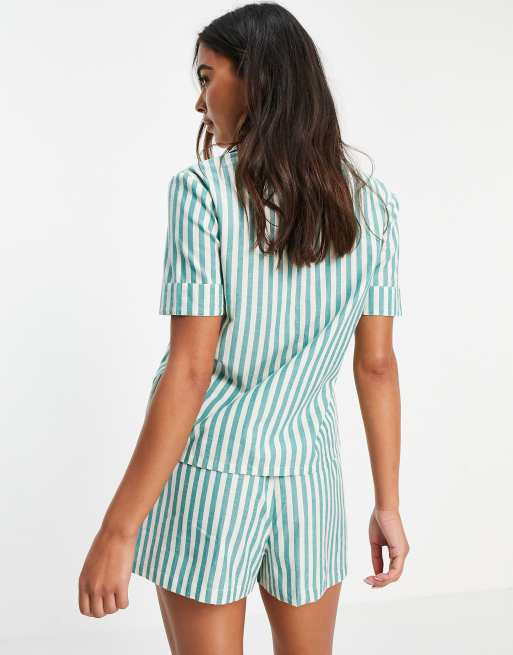 ASOS DESIGN cotton striped short sleeve shirt shorts pajama set in green cream