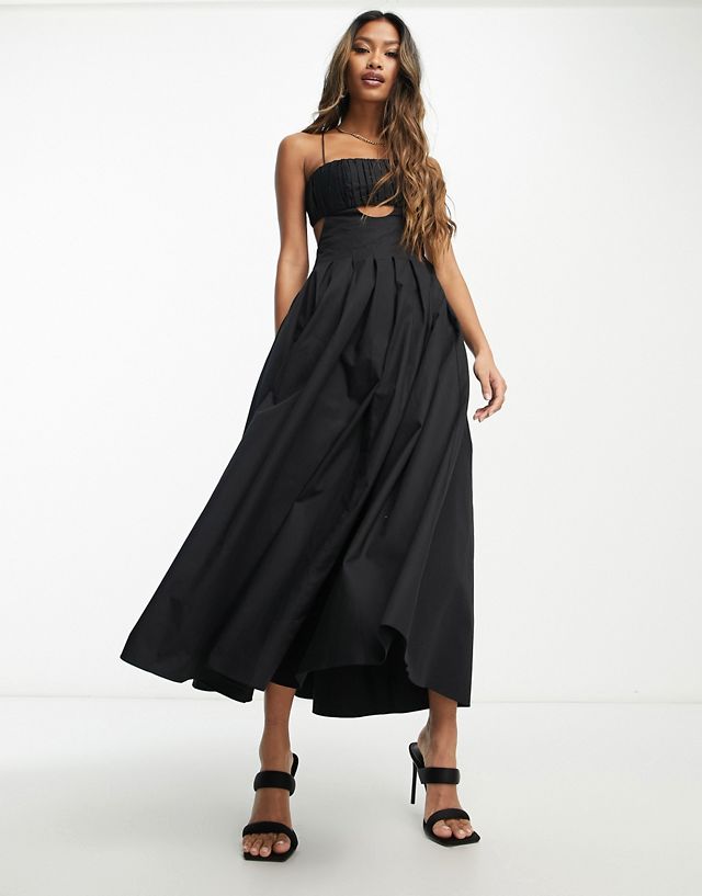 ASOS DESIGN cotton structured midi dress with ruched bust and pleat skirt in black