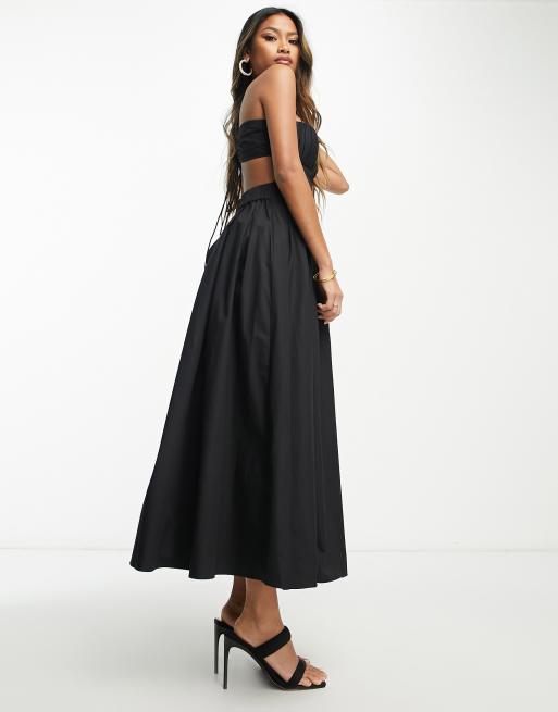 ASOS DESIGN cotton structured midi dress with ruched bust and pleat skirt in black, 4 of 4