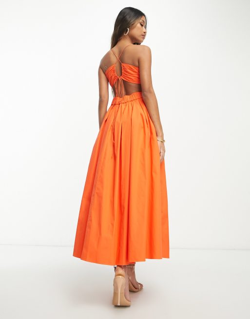 ASOS DESIGN seamed corset satin midi dress in hot orange