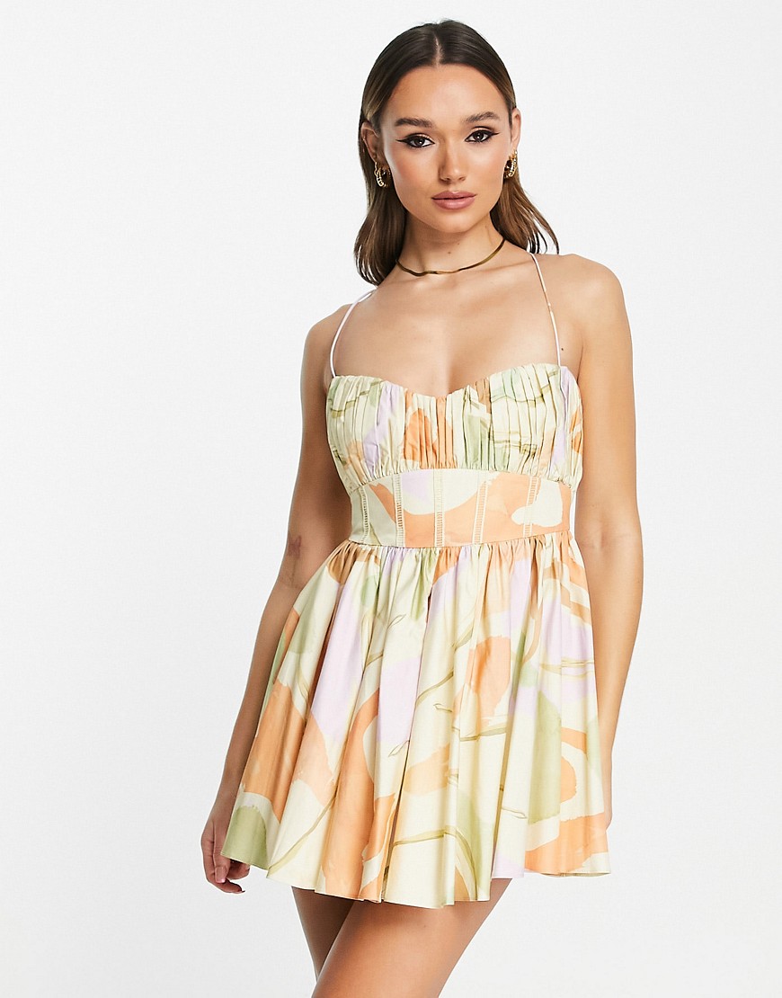 Asos Design Cotton Structured Prom Mini Dress With Corset Detail In Swirl Print-multi