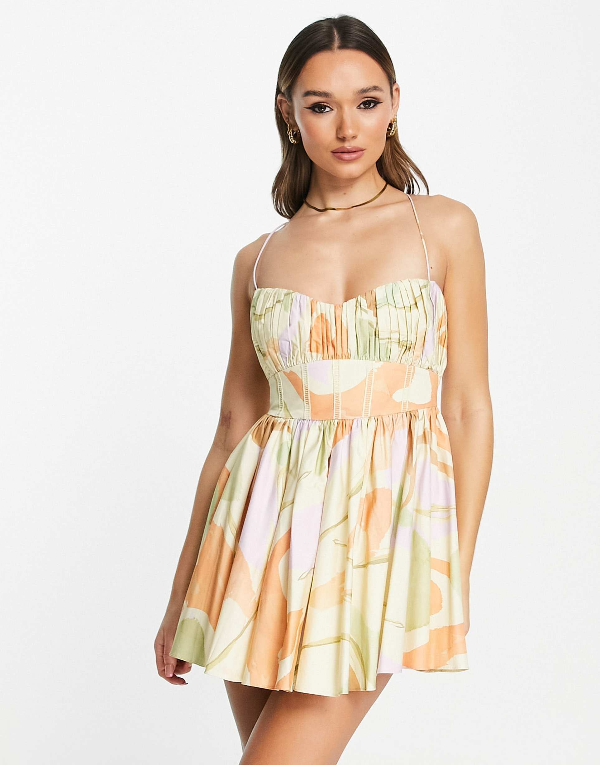 asos design cotton structured prom mini dress with corset detail in swirl print