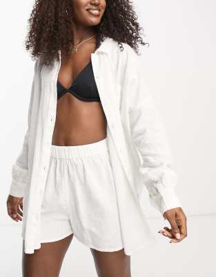 ASOS DESIGN cotton textured beach shirt co-ord in white