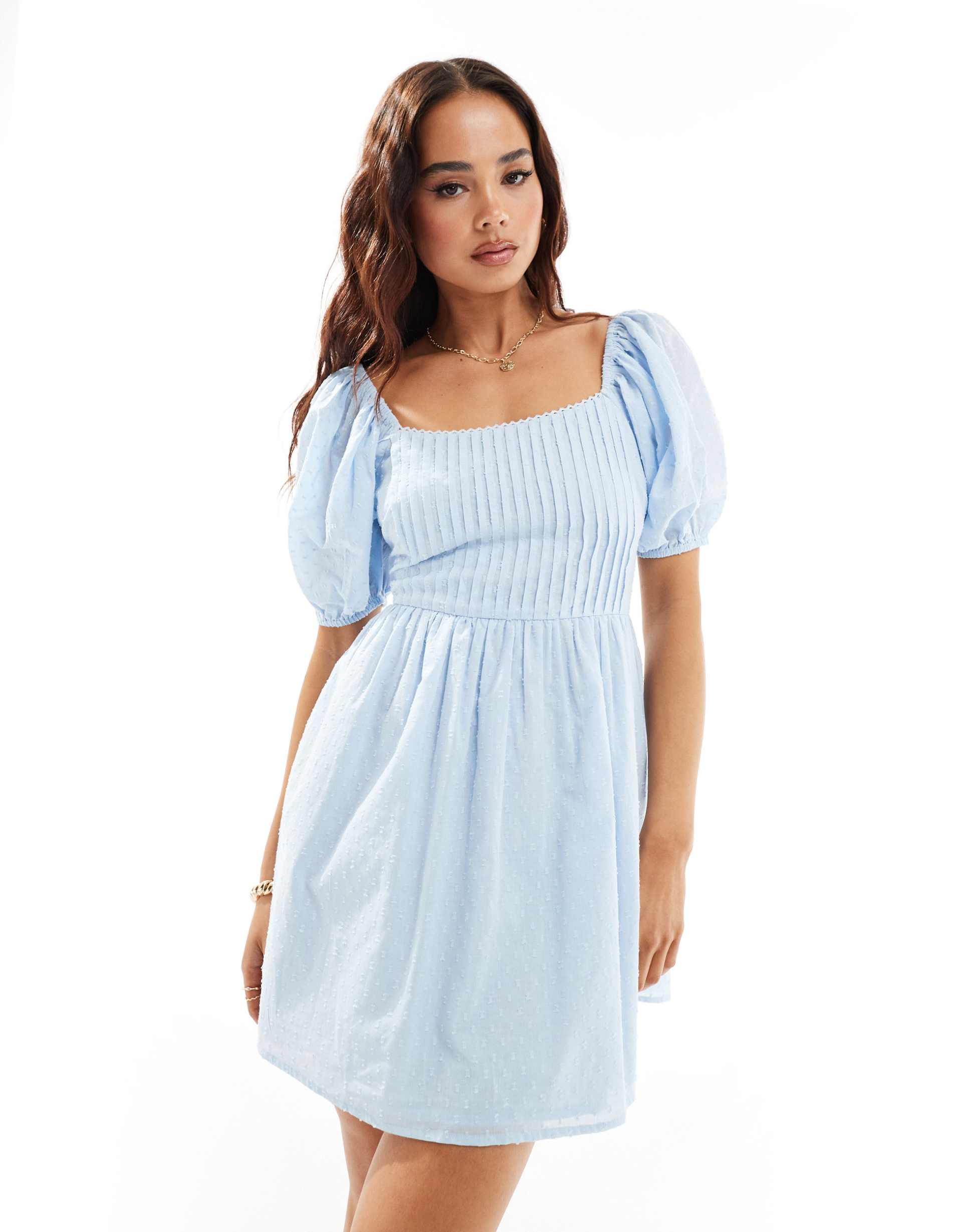 asos design cotton textured mini dress with lace up back in light blue