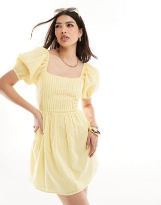 Asos Design Cotton Textured Mini Dress With Lace Up Back In Yellow