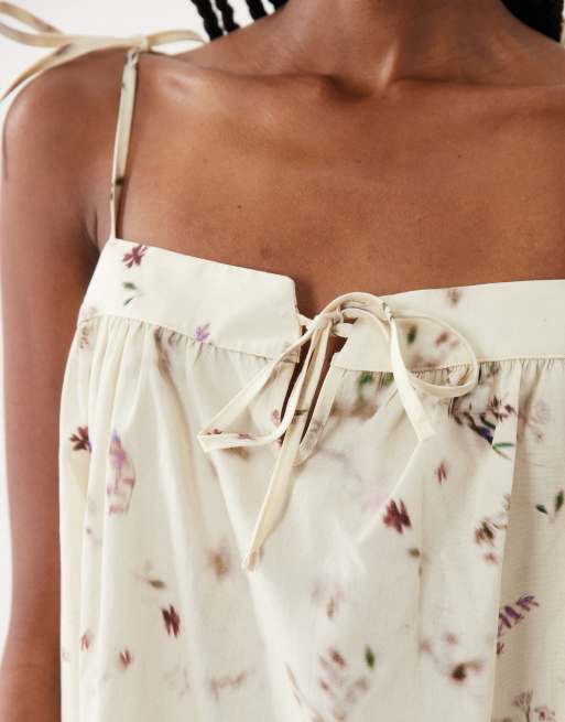 ASOS DESIGN cotton tie front babydoll dress in ivory smudge ditsy print, 3 of 4