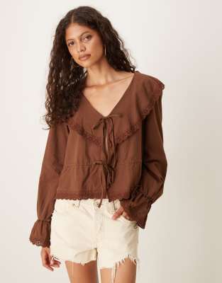 Asos Design Cotton Tie Front Ruffle Boho Blouse In Brown