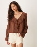 [ASOS DESIGN] ASOS DESIGN cotton tie front ruffle boho blouse in chocolate-Brown 16 Chocolate