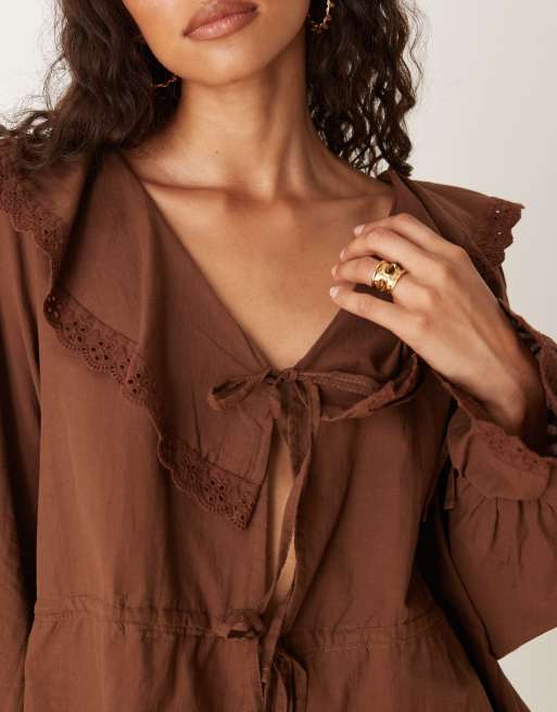 ASOS DESIGN cotton tie front ruffle boho blouse in chocolate