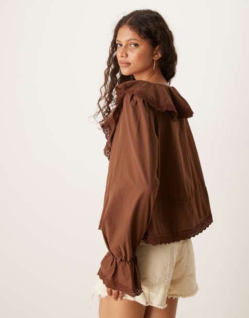 ASOS DESIGN cotton tie front ruffle boho blouse in chocolate