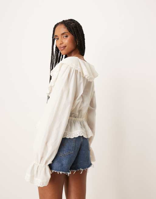 ASOS DESIGN cotton tie front ruffle boho blouse in ivory