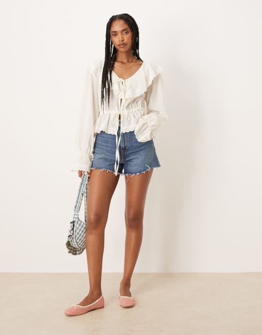 ASOS DESIGN cotton tie front ruffle boho blouse in ivory