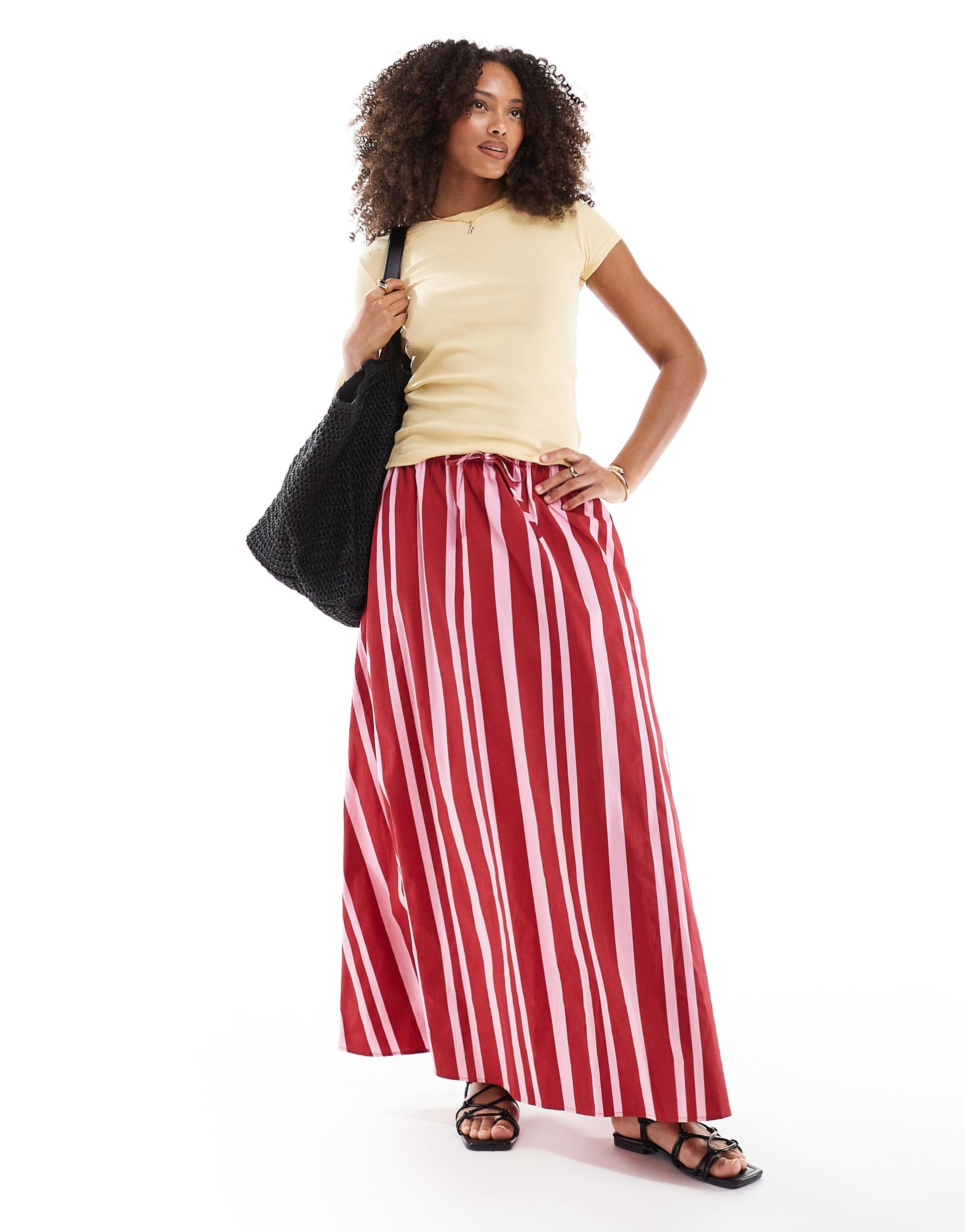 asos design cotton tie waist a-line maxi skirt in pink stripe