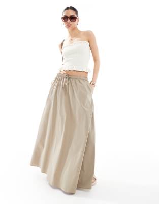 cotton tie waist A-line midi skirt in khaki-Green