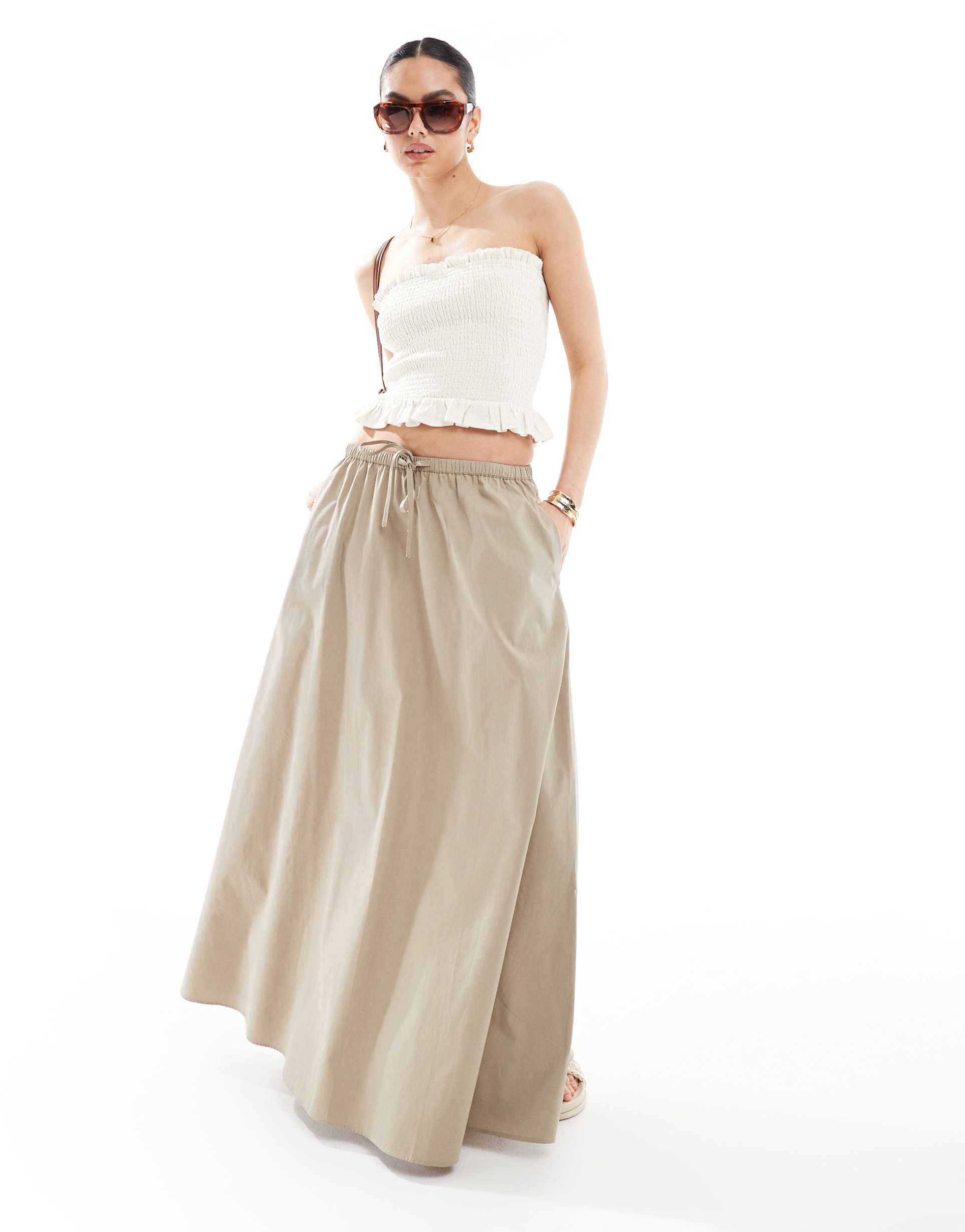 asos design cotton tie waist a-line midi skirt in khaki