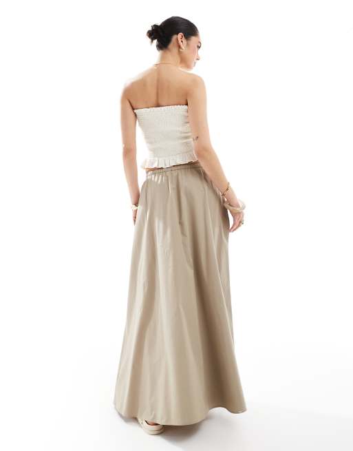 ASOS DESIGN cotton tie waist A-line midi skirt in khaki