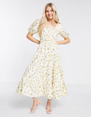 ASOS DESIGN cotton tiered maxi skater dress with cross back in ditsy floral print-Multi