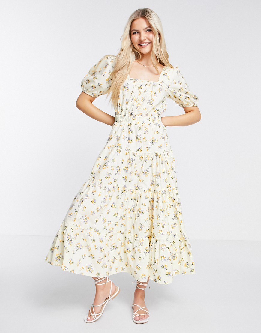 ASOS DESIGN cotton tiered maxi skater dress with cross back in ditsy floral print-Multi