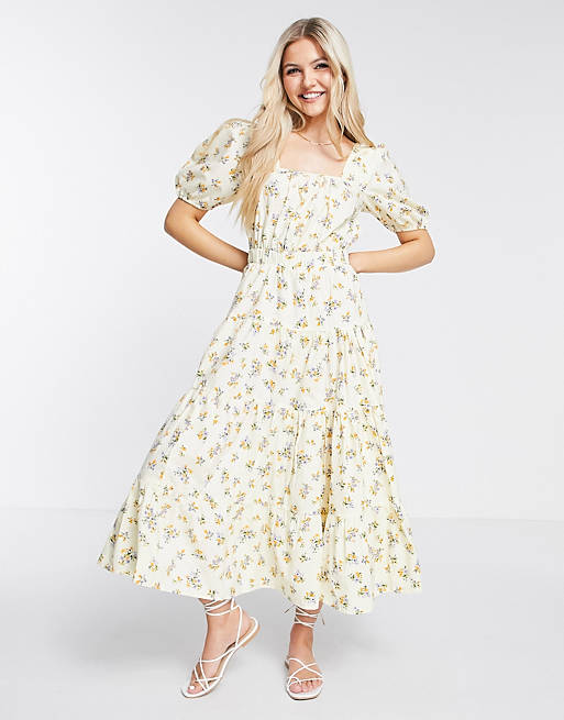  cotton tiered maxi skater dress with cross back in ditsy floral print 