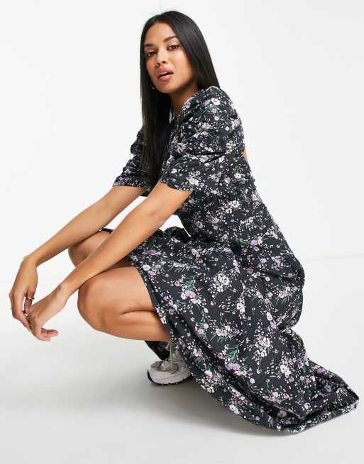 ASOS DESIGN cotton tiered midi dress with ruched sleeves and button back detail in ditsy floral print