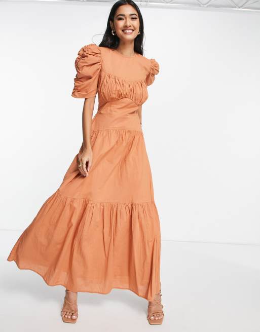 ASOS DESIGN cotton tiered midi dress with ruched sleeves and button back detail in rust