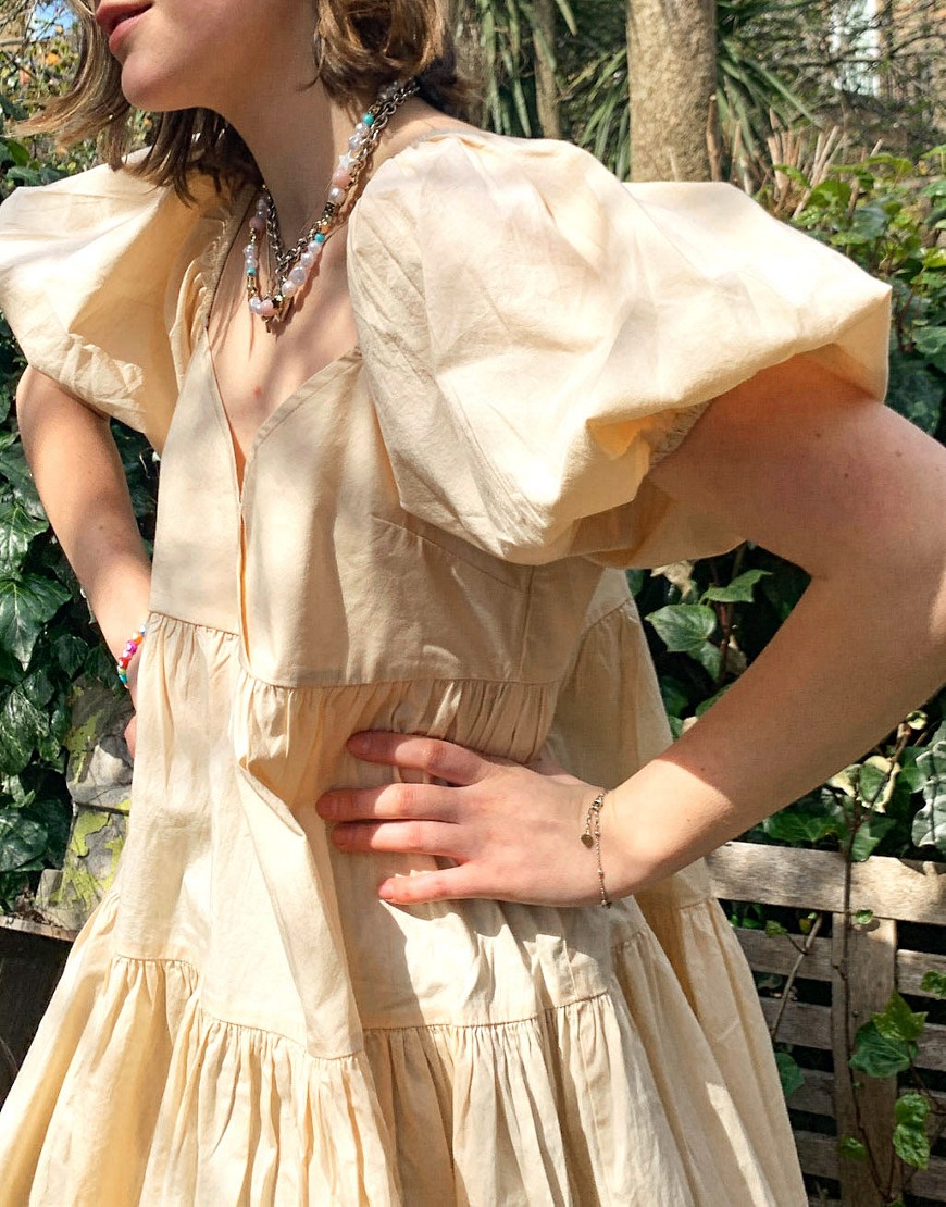 ASOS DESIGN cotton tiered mini smock dress in stone-Neutral