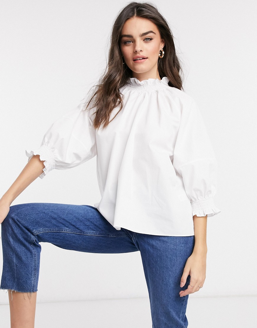 ASOS DESIGN cotton top with shirred neck and cuff detail in ivory-White